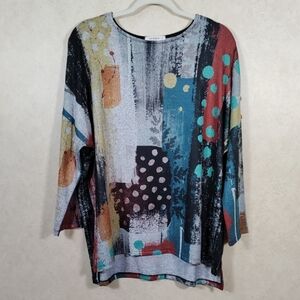 01172 Jess & Jane earth tones abstract lightweight "Tundra" sweater L NEW